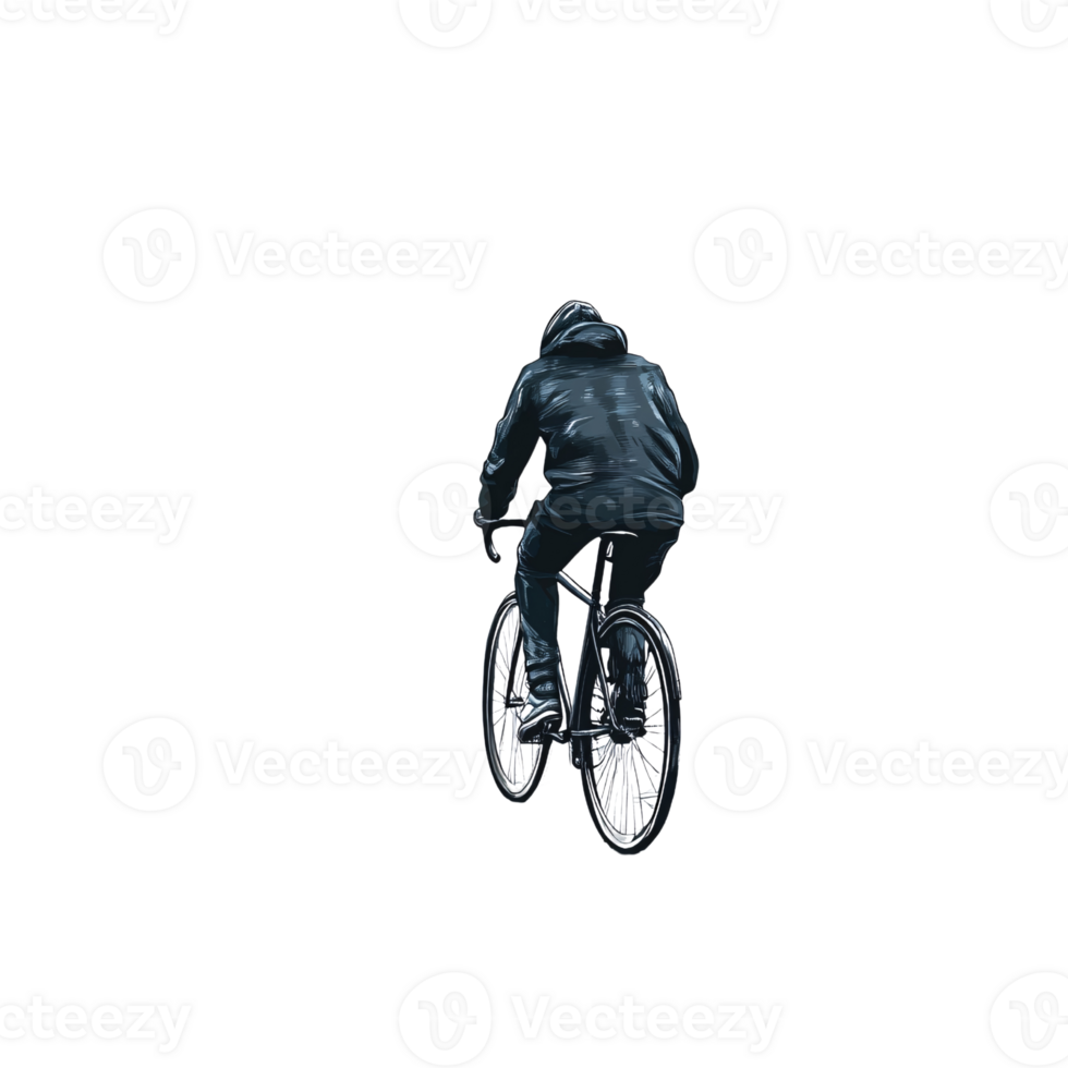 Man in Hoodie Riding Bicycle on Transparent Background Back view of adult cyclist in dark clothing cycling, concept of urban commuting, sport and healthy lifestyle png