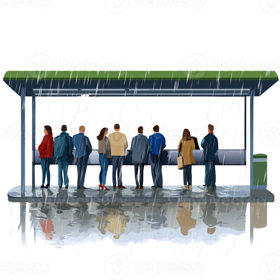 Group of people waiting at bus stop in the rain, standing under shelter with reflections on wet ground Concept of public transportation, weather, and urban life png