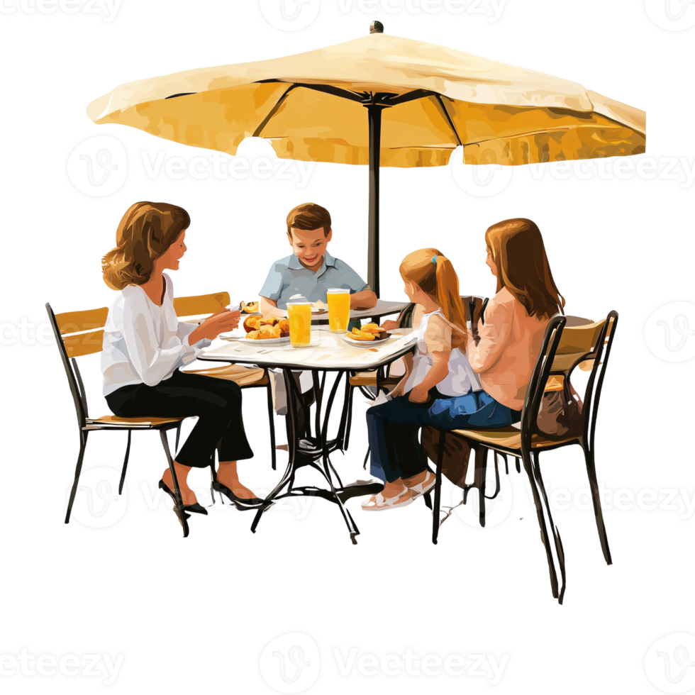 Happy Caucasian family enjoying lunch at outdoor cafe, mother, son and two daughters eating together under yellow umbrella Concept of family time, summer vacation, and togetherness png