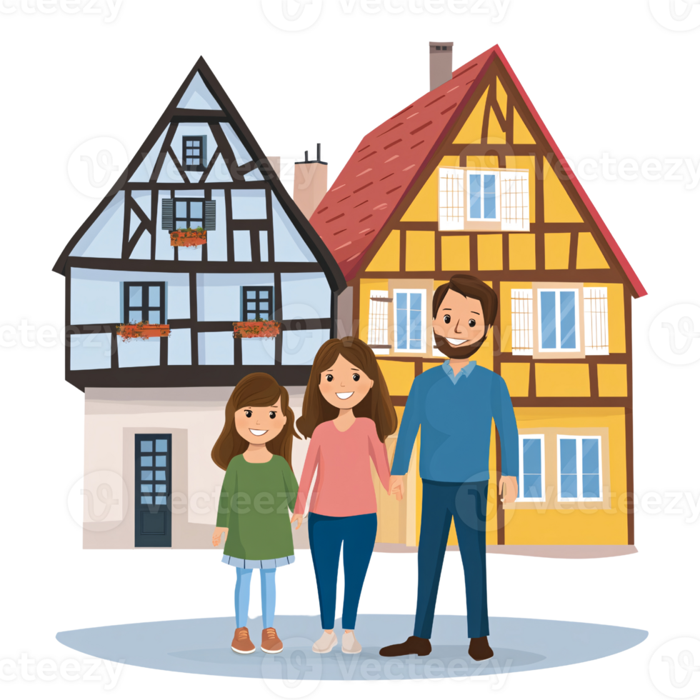 Happy Caucasian family with daughter standing in front of traditional German houses, holding hands and smiling Concept of family travel, tourism, and European culture png