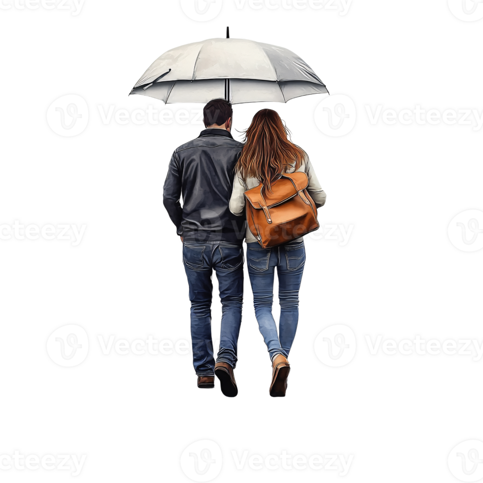 Back view of a young adult couple walking together under an umbrella, enjoying a rainy day Concept of togetherness, companionship, and protection png