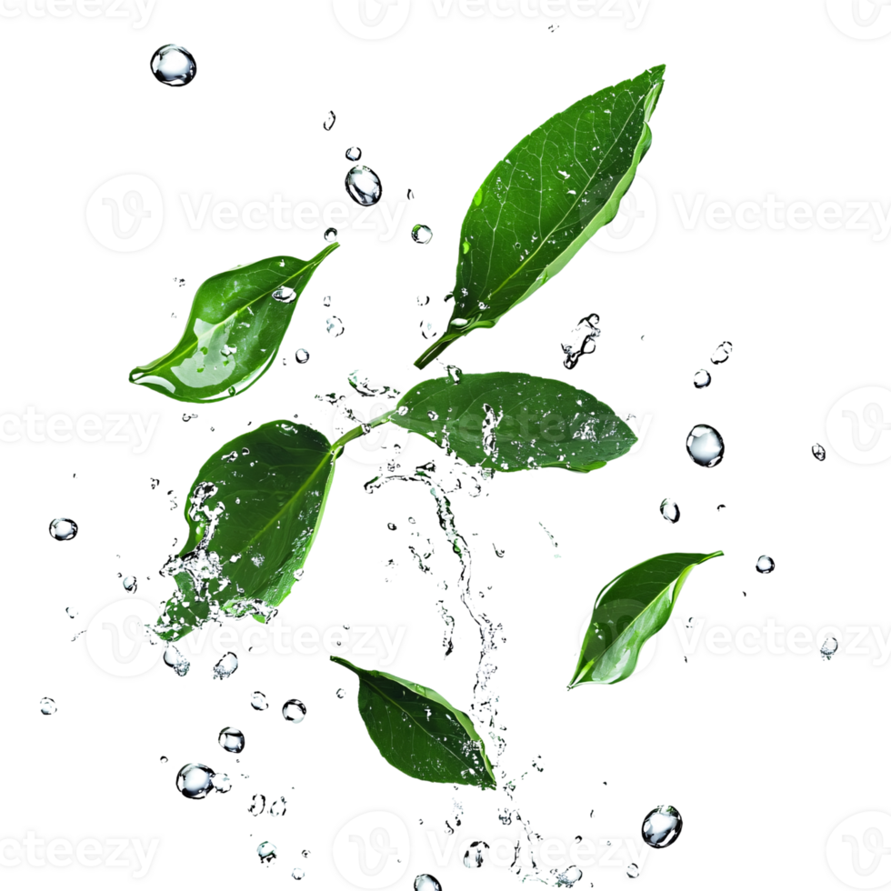 Fresh green leaves with water droplets on a transparent background Concept of nature, freshness, and organic png
