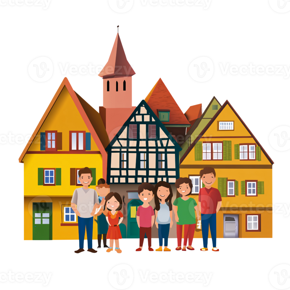 Happy cartoon family standing in front of colorful European houses and church tower, concept of travel and tourism in old town png
