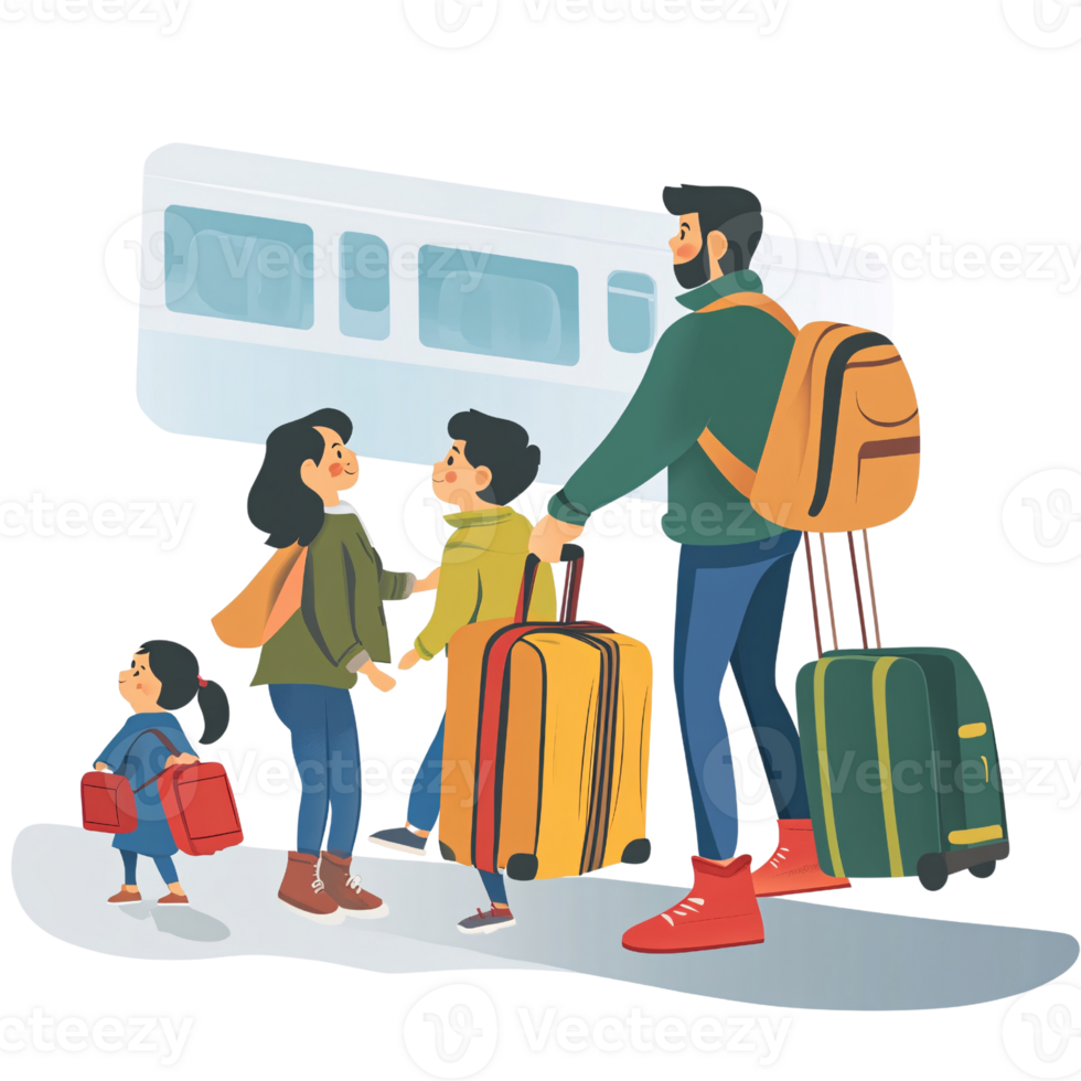 Happy family with two children, father, mother, son and daughter, traveling by train with luggage Concept of family vacation, travel, and transportation png