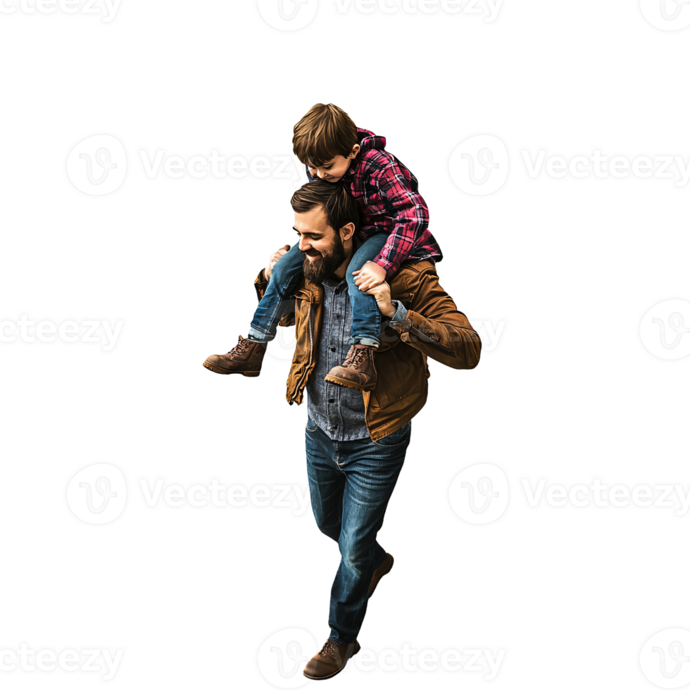 Happy Caucasian father carrying son on shoulders, walking outdoors Concept of family bonding, childhood, and active lifestyle on a transparent background png