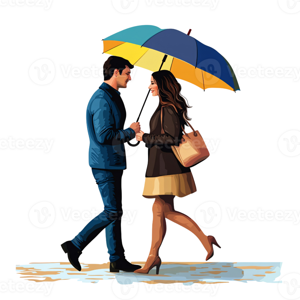 Smiling Caucasian couple walking in the rain under colorful umbrella, holding hands Romantic concept of love, relationship, and togetherness on a transparent background png