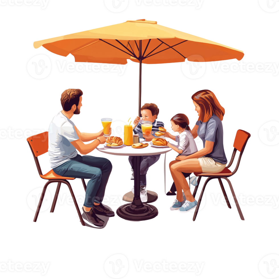 Caucasian family enjoying breakfast outdoors under umbrella Father, mother, son, and daughter eating croissants and drinking orange juice in the morning Concept of family time and lifestyle png