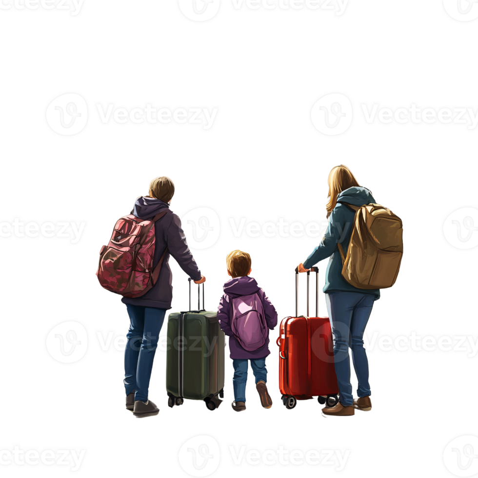 Back view of Caucasian mother, father, and child with luggage ready for family travel adventure on a transparent background Concept of vacation, journey, and togetherness png