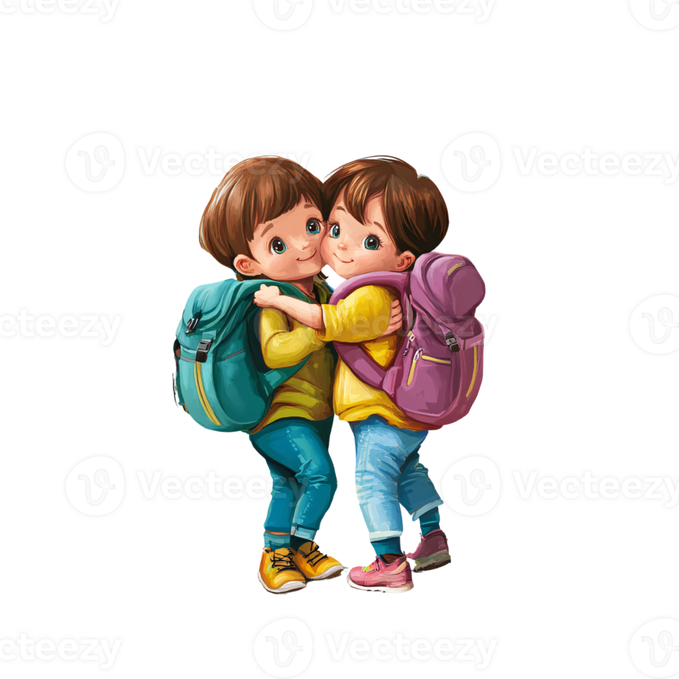 Adorable cartoon twin boys hugging with backpacks on transparent background Concept of friendship, childhood, and back to school png