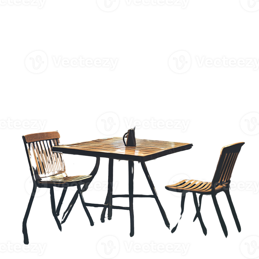 Empty outdoor cafe table with two chairs and a pitcher on a transparent background, perfect for restaurant mockups and design layouts png