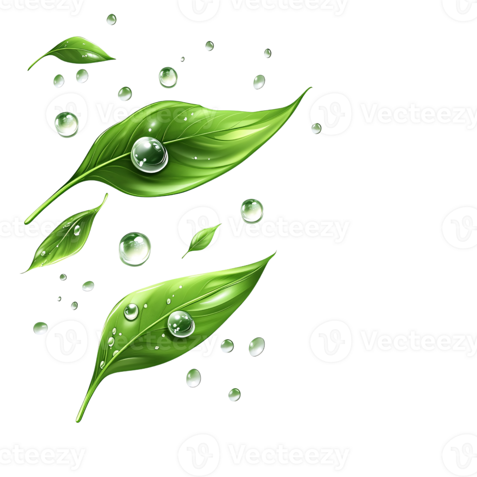 Fresh green leaves with water droplets on a transparent background Concept of nature, environment, ecology, organic, and healthy lifestyle png