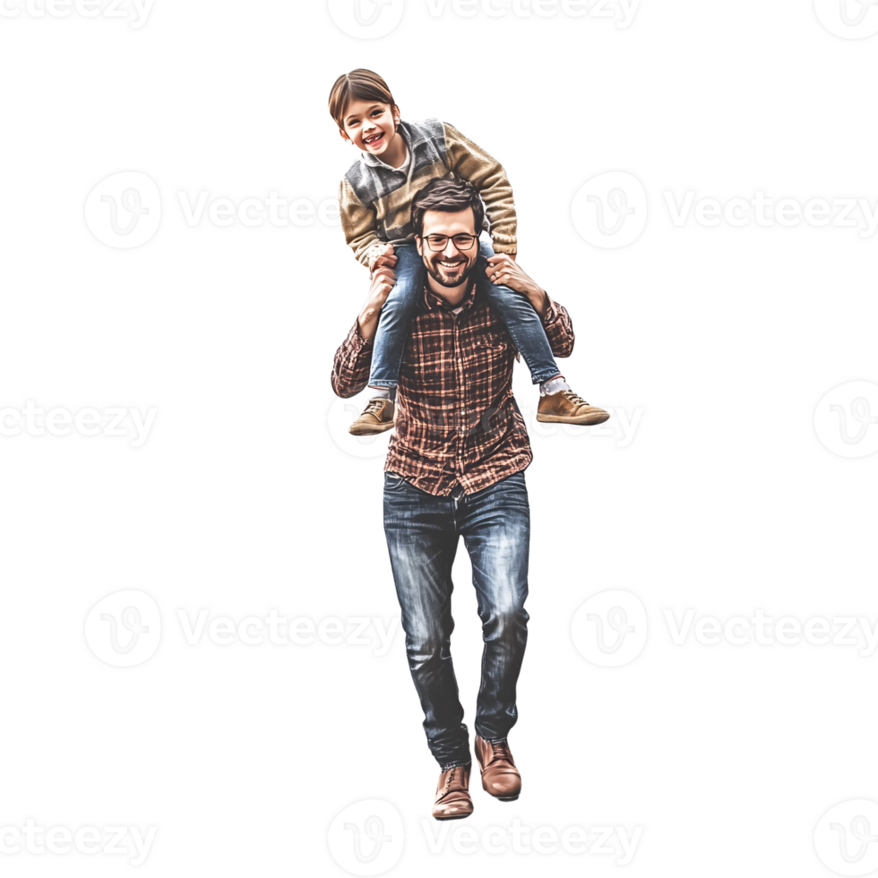 Happy Caucasian father giving his son a piggyback ride outdoors, smiling and bonding Concept of family, love, and fatherhood on a transparent background png