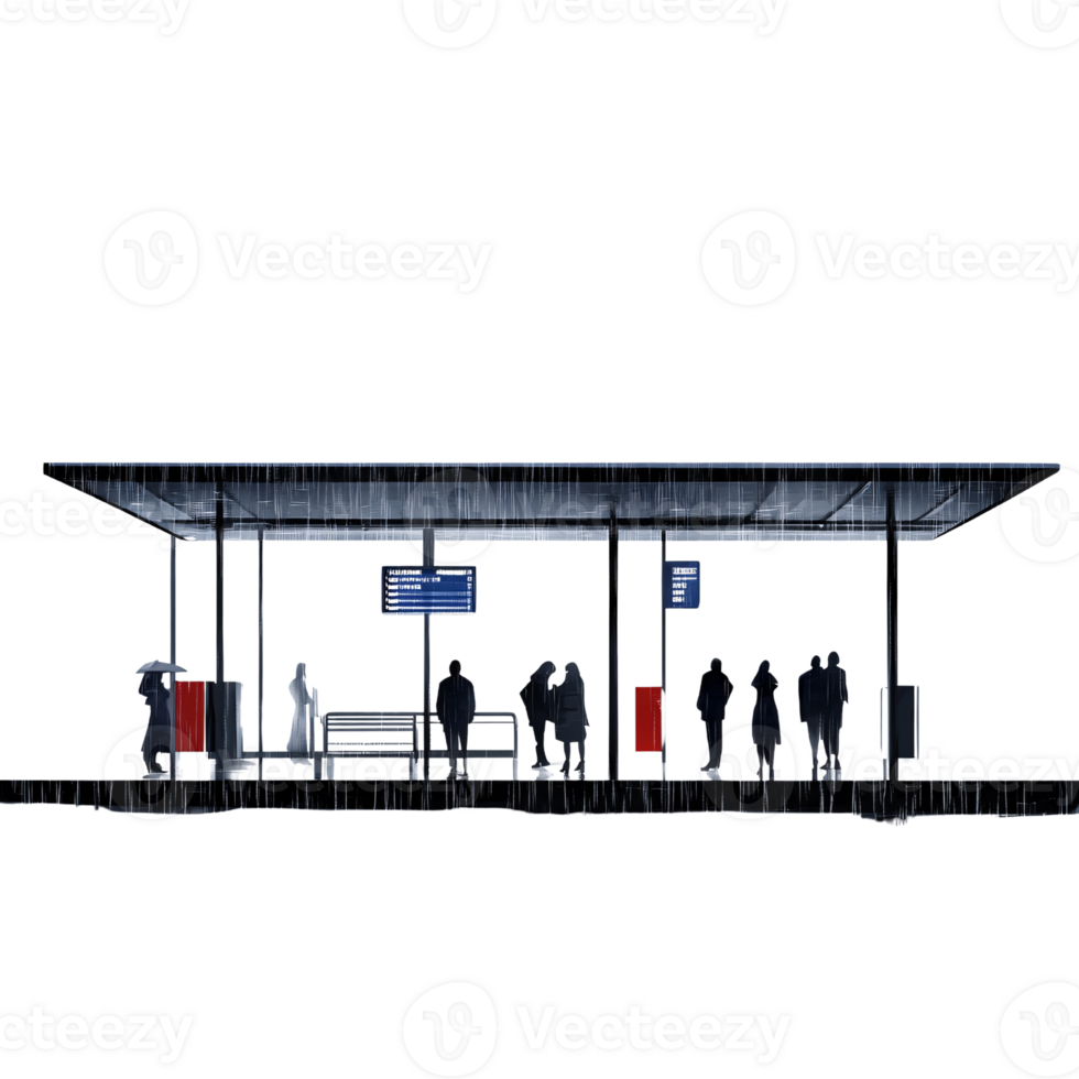 Silhouetted commuters waiting at a modern bus stop in the rain, seeking shelter from the downpour Concept of urban life, public transportation, and weather png