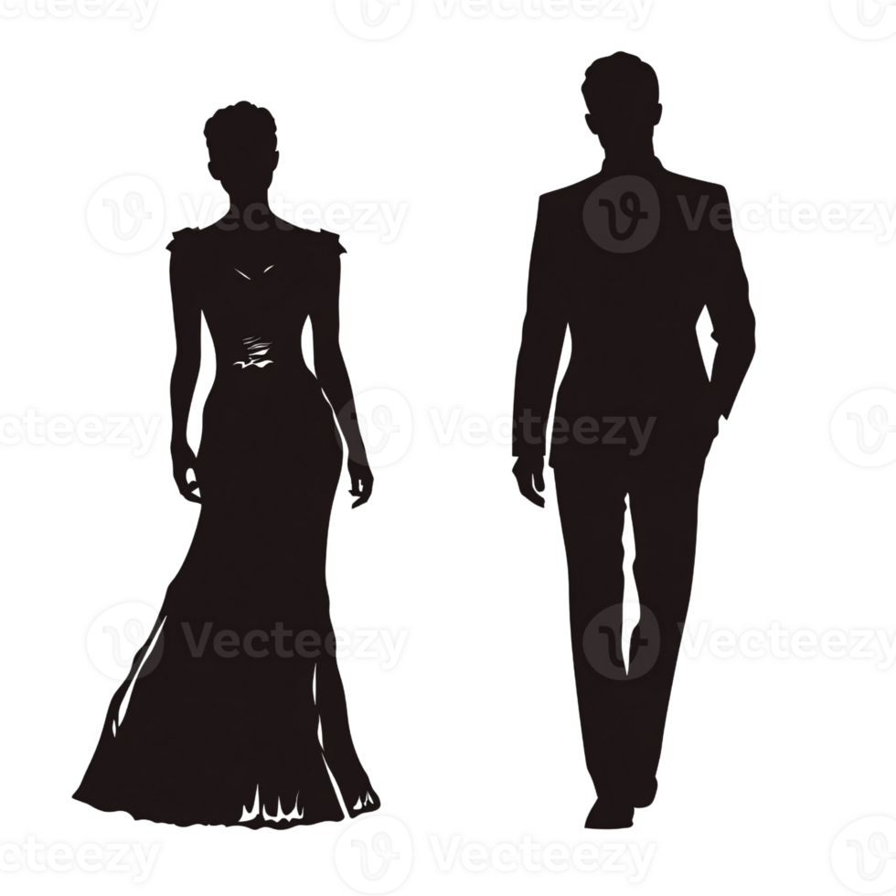 Elegant silhouette of a woman in a long gown and a man in a suit, representing formal wear, fashion, and special occasion on a transparent background png
