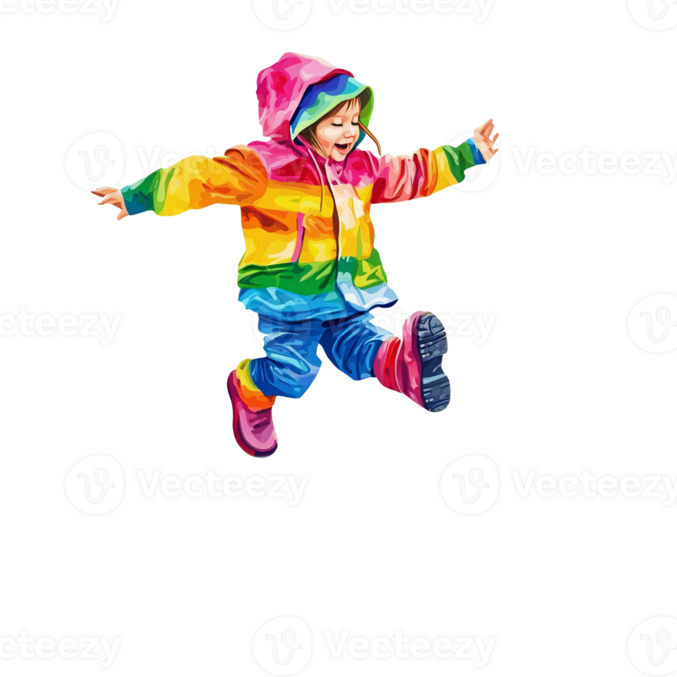 Joyful Caucasian child jumping with rainbow raincoat and pink boots on a transparent background, expressing happiness and freedom png