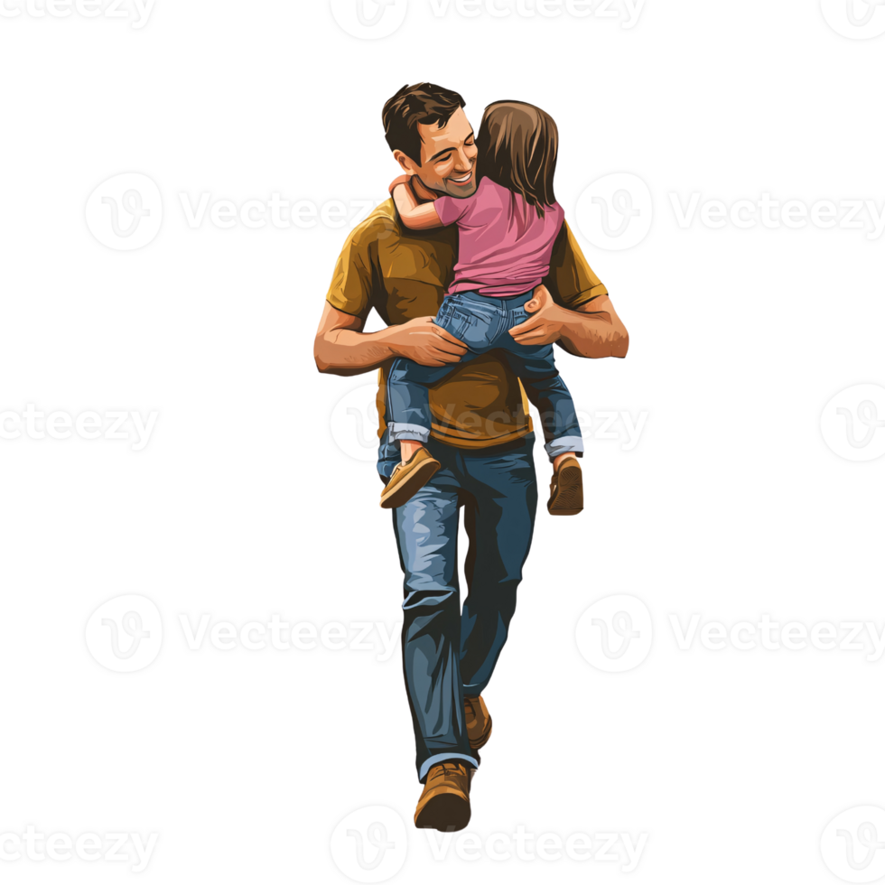 Happy Caucasian father carrying his daughter on his back while walking Concept of family bonding, love, and childhood on a transparent background png