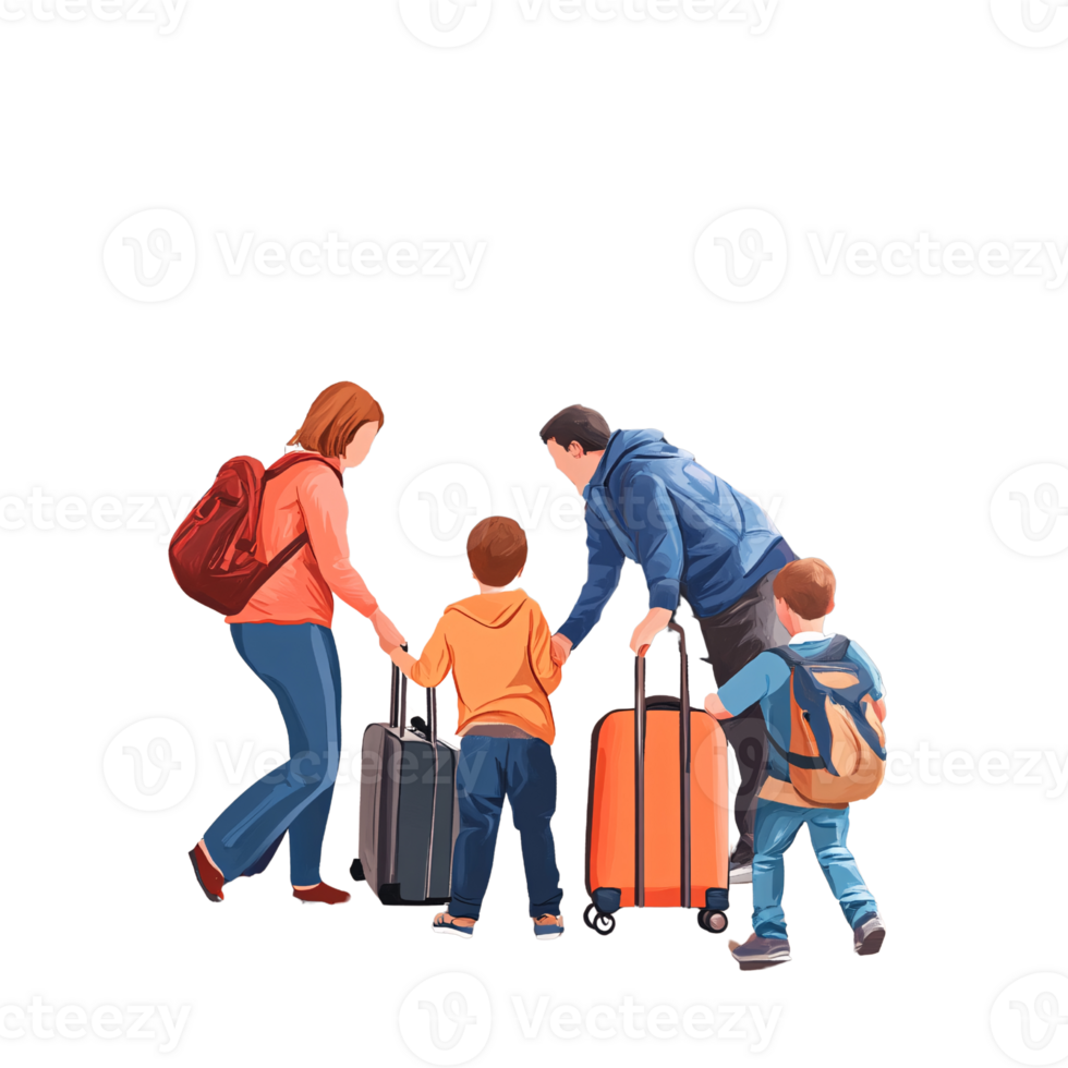 Family with two sons heading on vacation with luggage, excited for travel and adventure on a transparent background Concept of family travel, holiday, and togetherness png