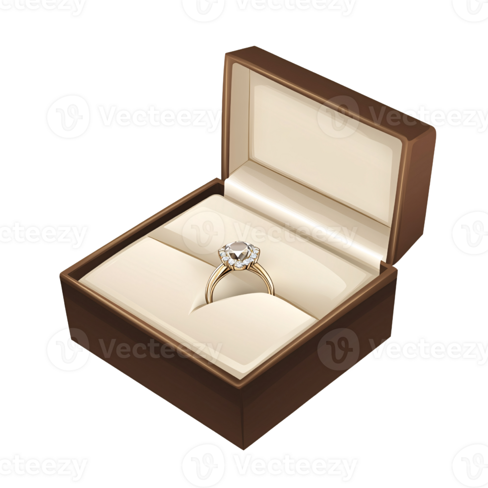 Elegant gold engagement ring with diamond halo in a brown box, symbolizing love, commitment, and a special occasion png