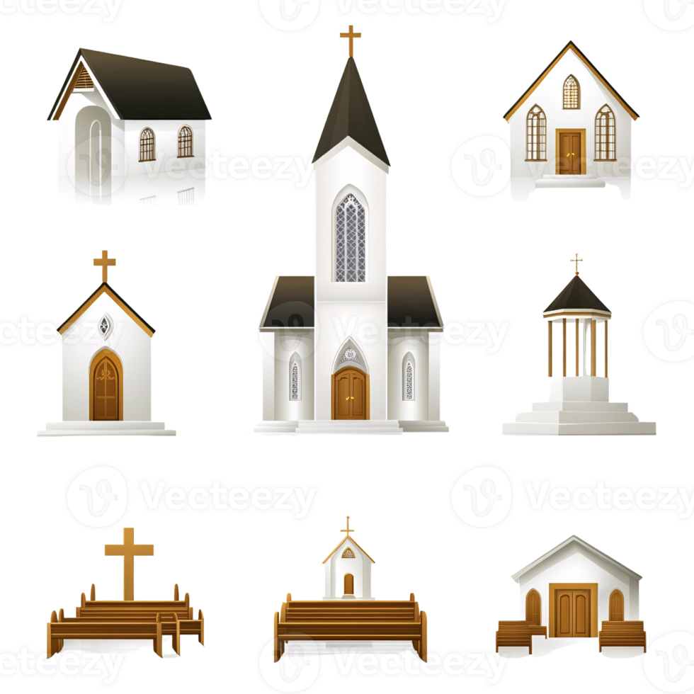 Collection of White Church Buildings and Religious Structures with Crosses on a Transparent Background Concept of Faith, Christianity, and Architecture png