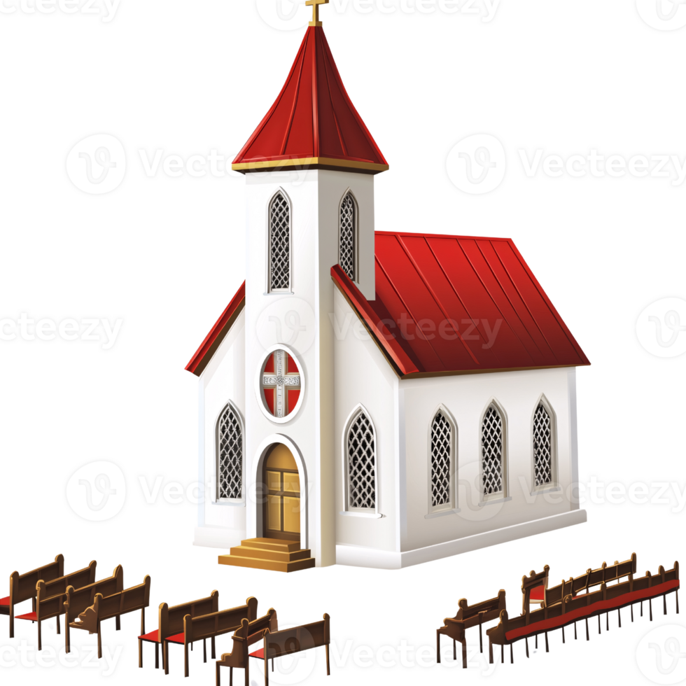 White church building with red roof and pews on a transparent background, symbolizing faith, religion, and community png