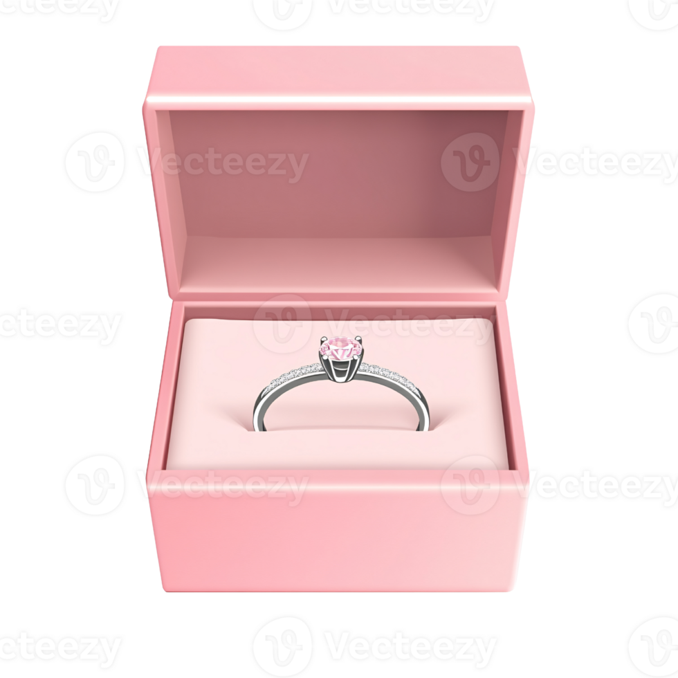 Elegant silver engagement ring with pink gemstone in a pink box, symbol of love, marriage proposal, and Valentines Day gift on a transparent background png