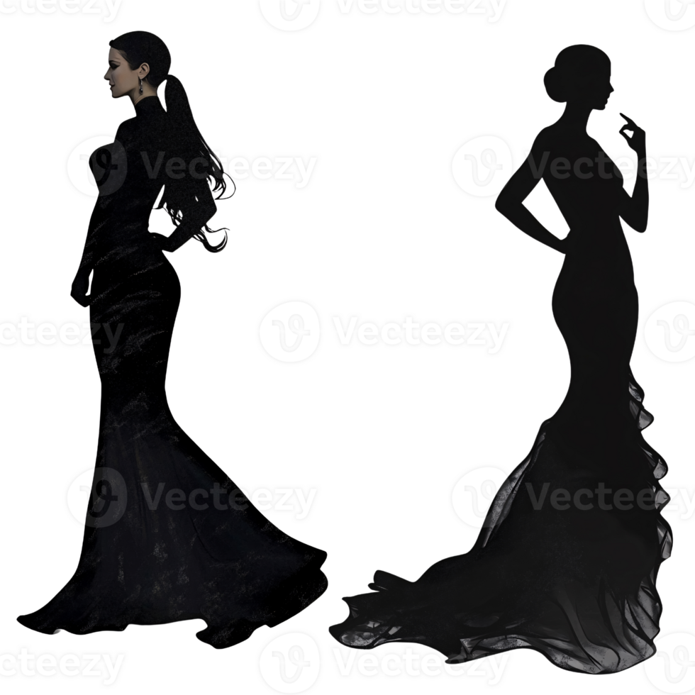 Elegant Caucasian woman in black gown silhouette, showcasing fashion and mystery on a transparent background png