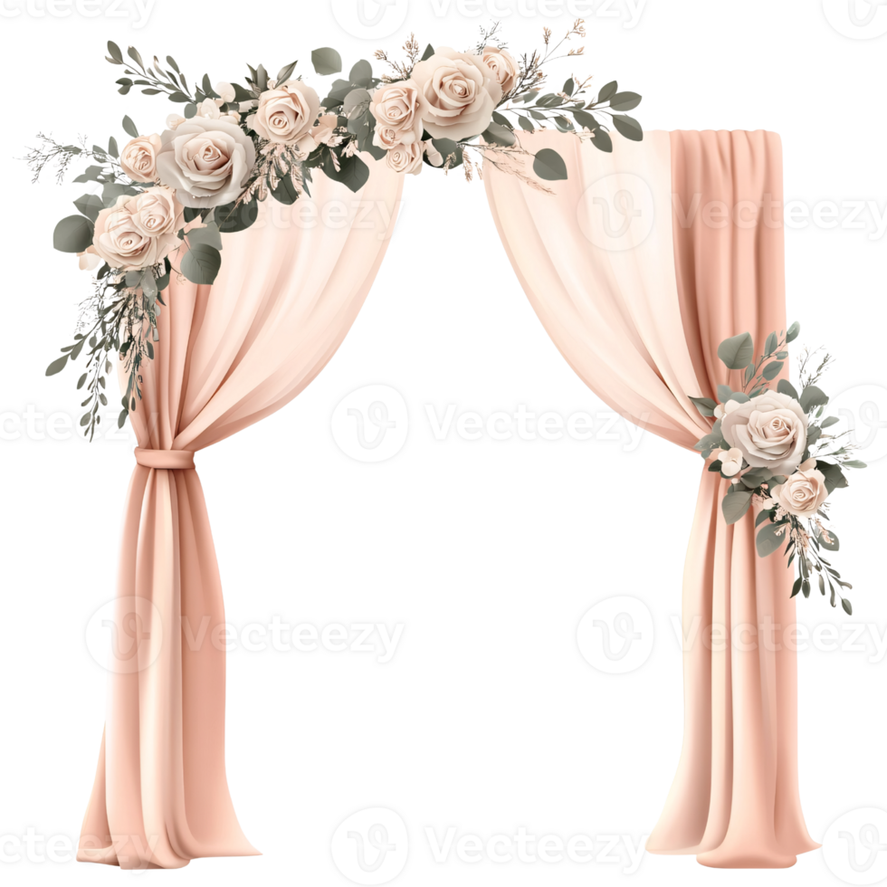 Elegant wedding arch with peach drapes and floral arrangement of roses and eucalyptus on a transparent background Concept of marriage, celebration, and romantic event png