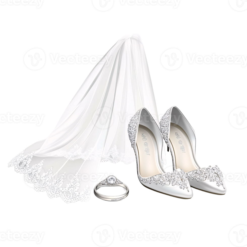 Elegant bridal accessories. White wedding shoes, veil, and ring on a transparent background for wedding day concept png
