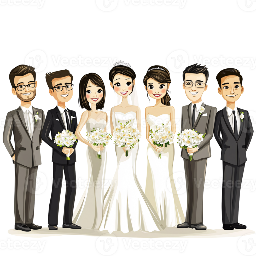 Cartoon illustration of happy Asian bride with bridesmaids and groomsmen holding flower bouquets on transparent background Concept of wedding party, celebration, and marriage png