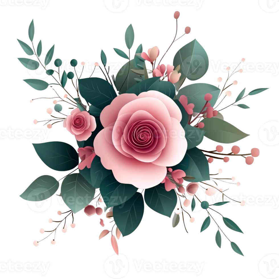 Elegant pink rose floral arrangement with dark green leaves and berries on a transparent background Concept of wedding invitation, greeting card, and romantic design png