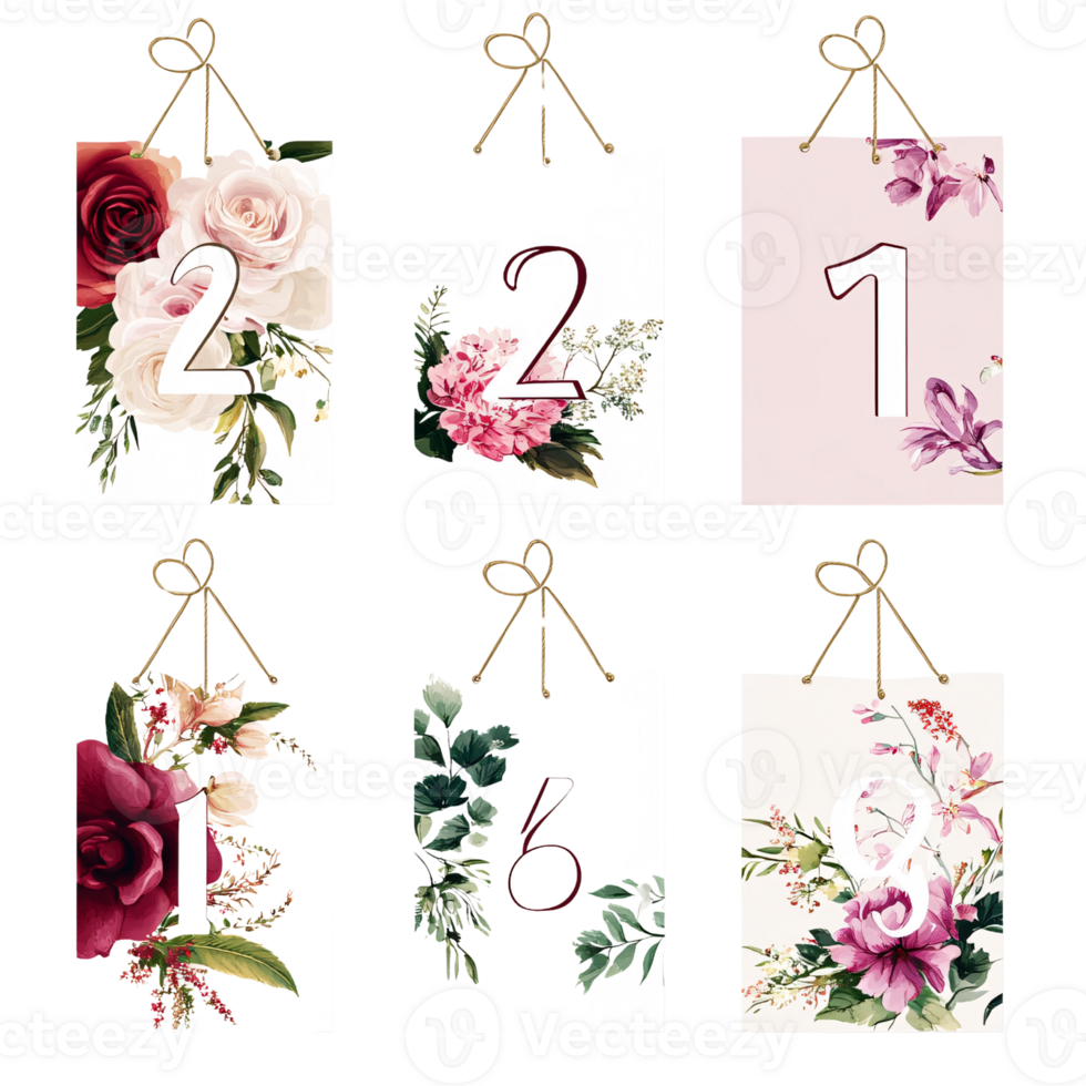 Elegant floral table number cards featuring watercolor flowers and botanical elements for wedding or event decoration, numbers one, two, six, and eight png