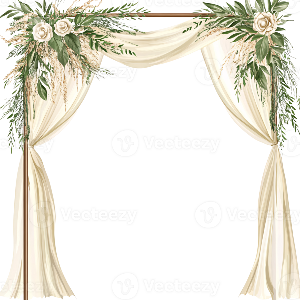 Elegant wedding arch decorated with white roses, pampas grass, and greenery on a transparent background Concept of romantic ceremony, floral decoration, and wedding design png