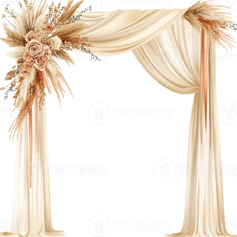 Elegant wedding arch decorated with beige fabric, pampas grass, and roses on a transparent background Concept of bohemian wedding, rustic decor, and floral arrangement png