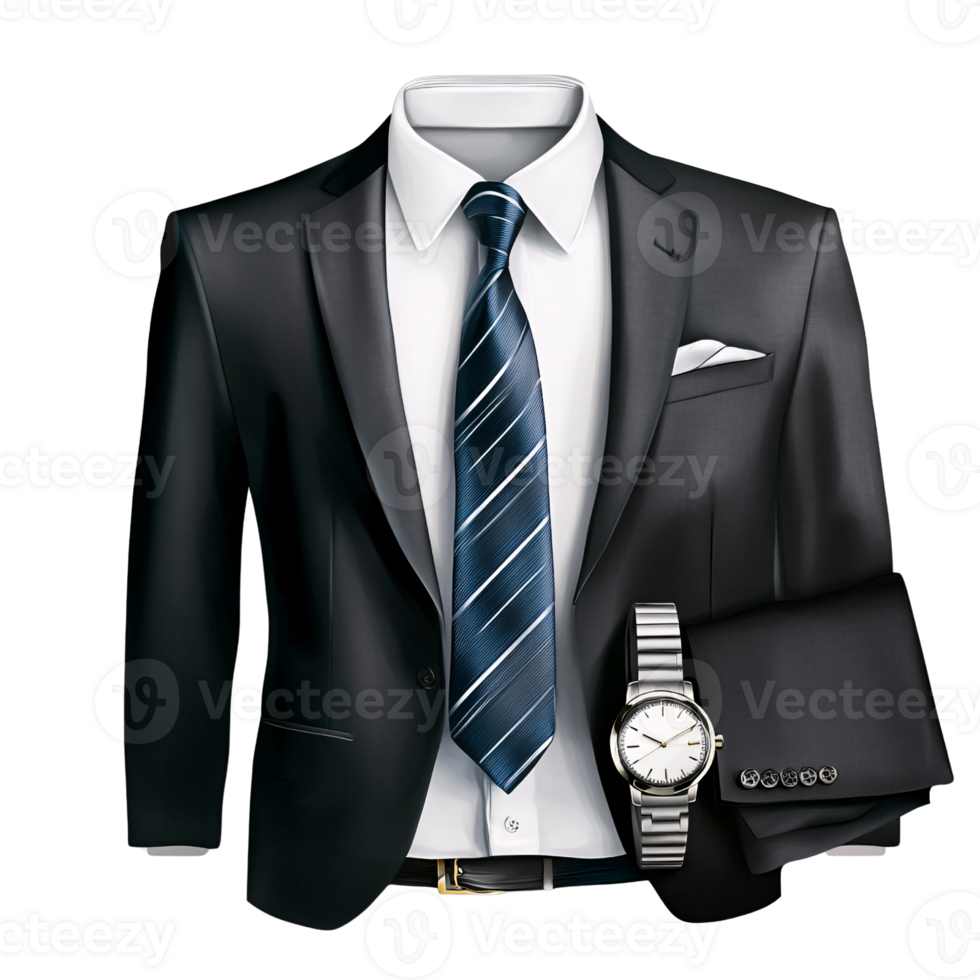 Elegant black suit with blue striped tie and silver wristwatch on a transparent background Concept of business, fashion, and formal wear png