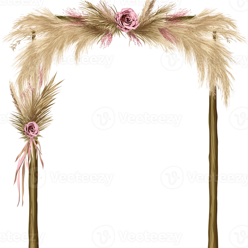 Elegant wedding arch decorated with pampas grass and pink roses on a transparent background Romantic floral arrangement for bohemian or rustic wedding ceremony png