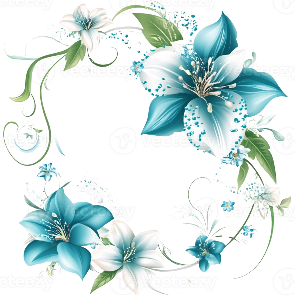 Elegant floral frame with turquoise and white lilies on a transparent background for wedding invitations and decorative design png