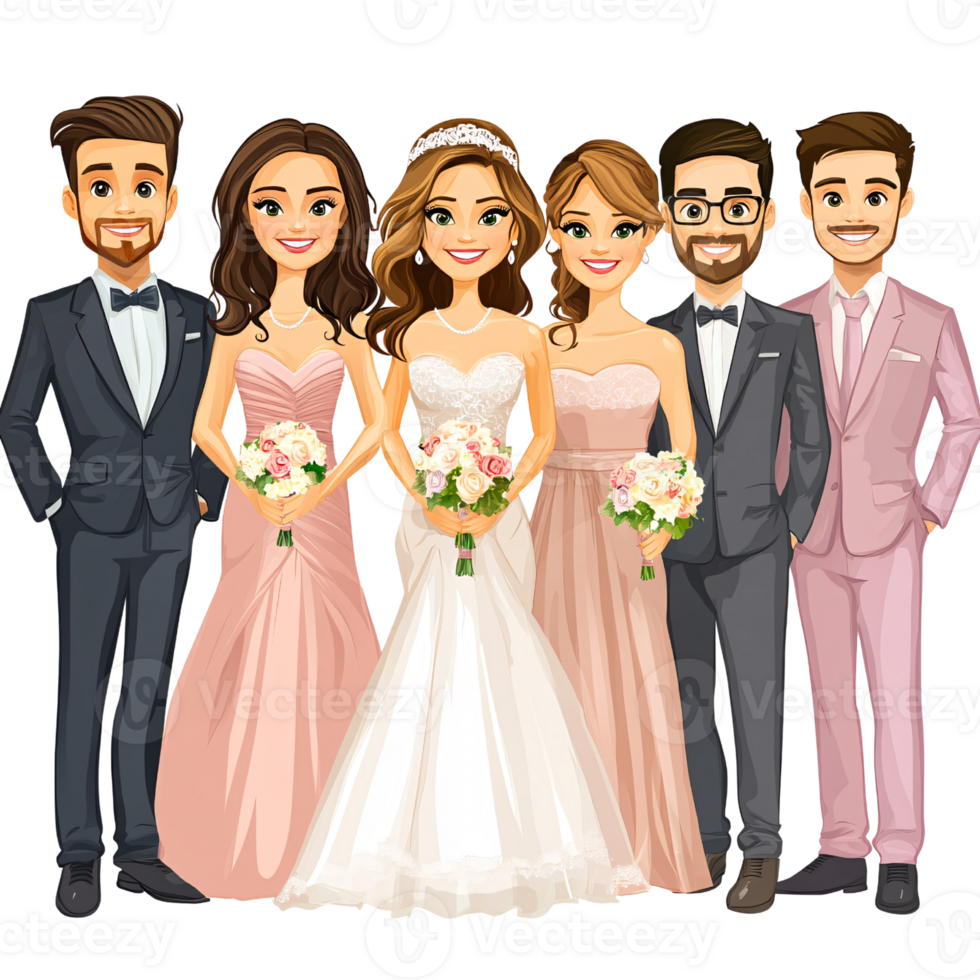 Cartoon wedding party illustration with smiling bride, bridesmaids in pink dresses, and groomsmen in suits holding bouquets Concept of celebration, marriage, and friendship png