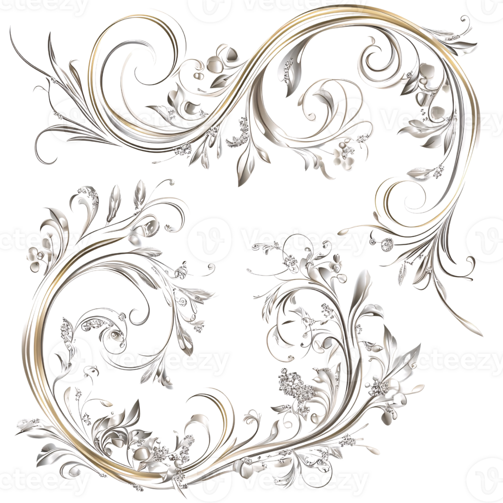 Elegant silver floral ornament with golden accents on a transparent background for luxury design and vintage decoration png