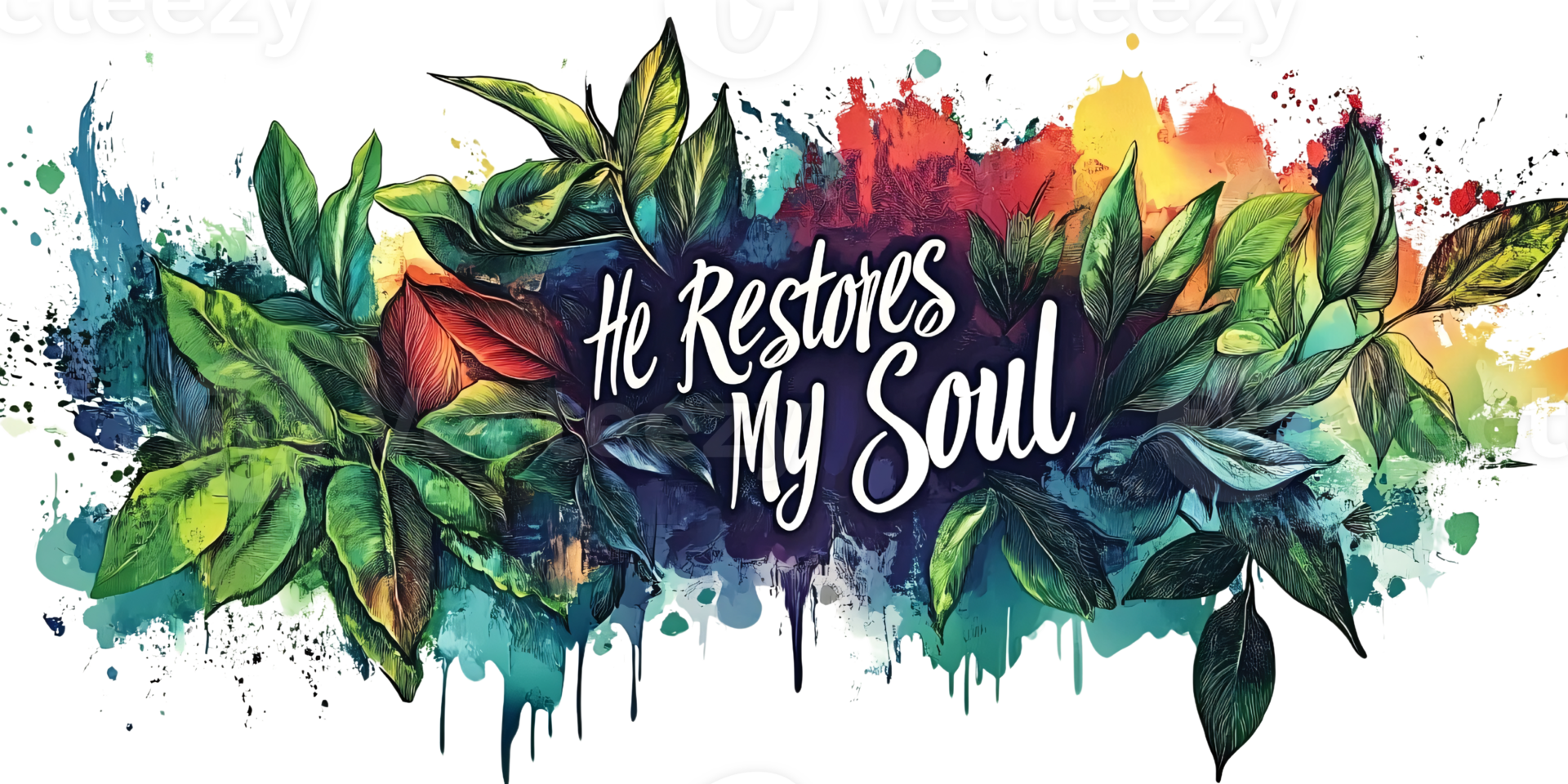 Artistic watercolor illustration of He Restores My Soul with vibrant leaves and colorful splashes on a transparent background Concept of faith, healing, and spiritual growth png