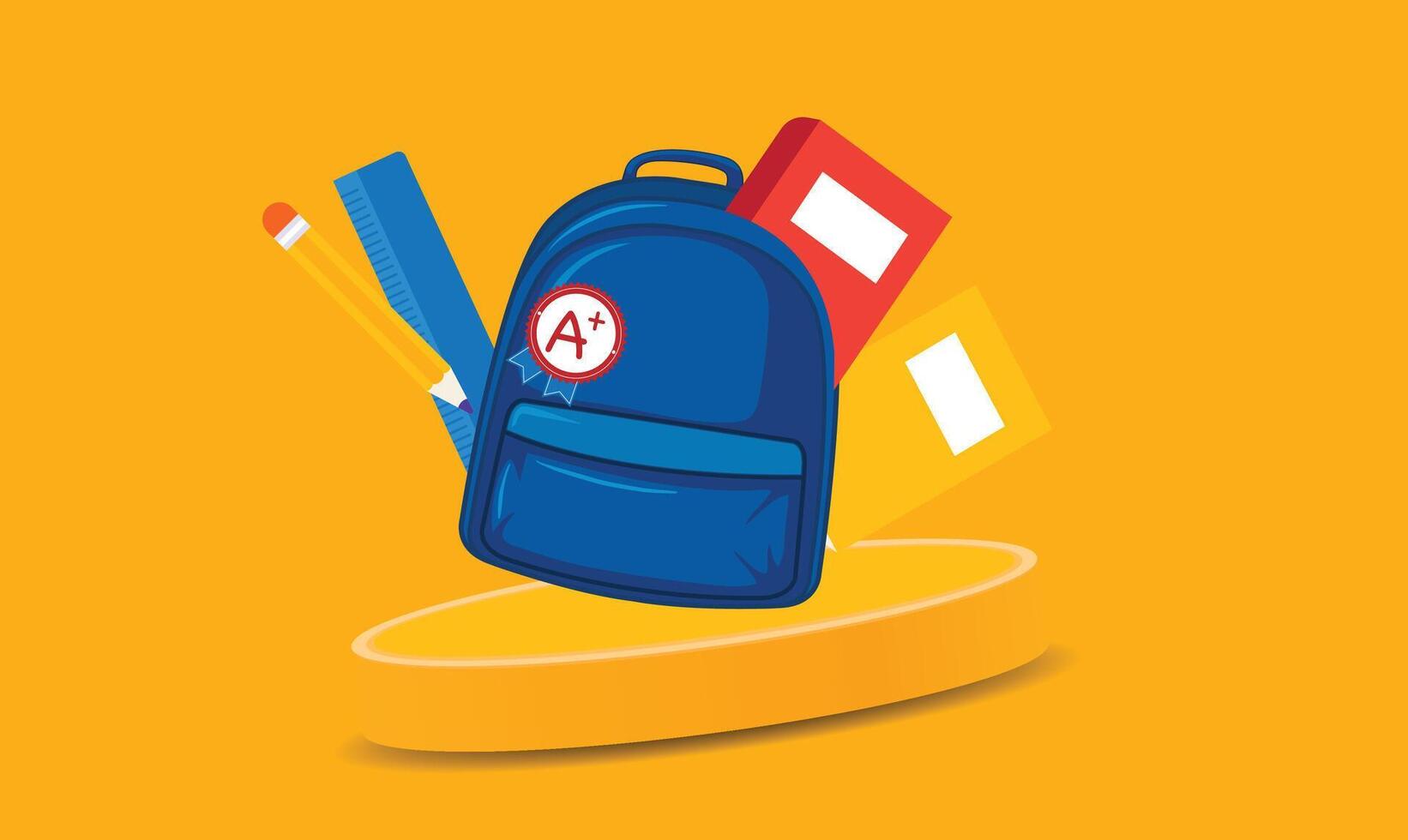 Flat design illustration of back-to-school bag elements, isolated on a clean background, featuring a backpack, books, and stationery, symbolizing preparation for the new school year. vector