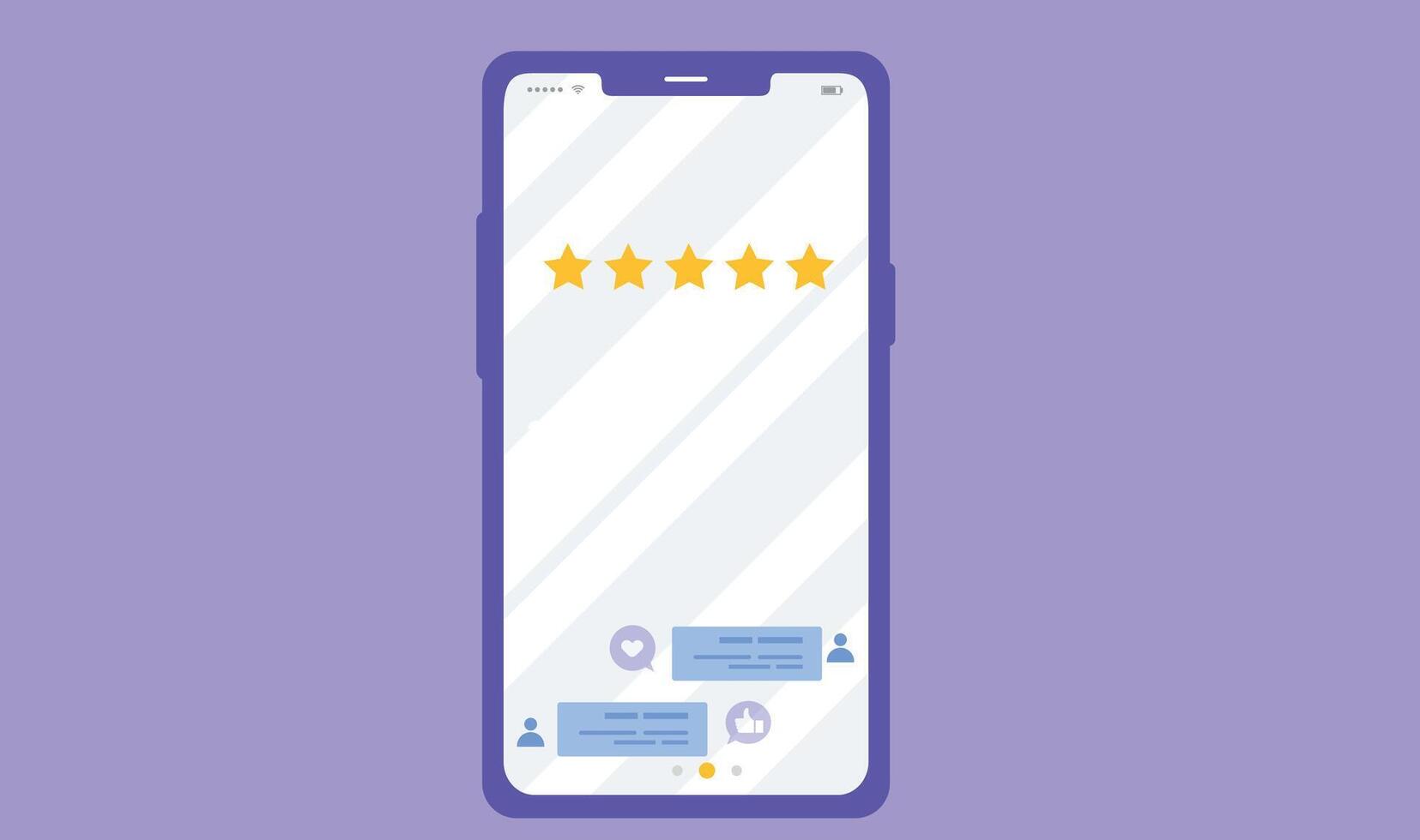 Flat design illustration of a mobile device screen displaying stars for feedback and a chat interface, symbolizing customer feedback, communication, and user engagement vector