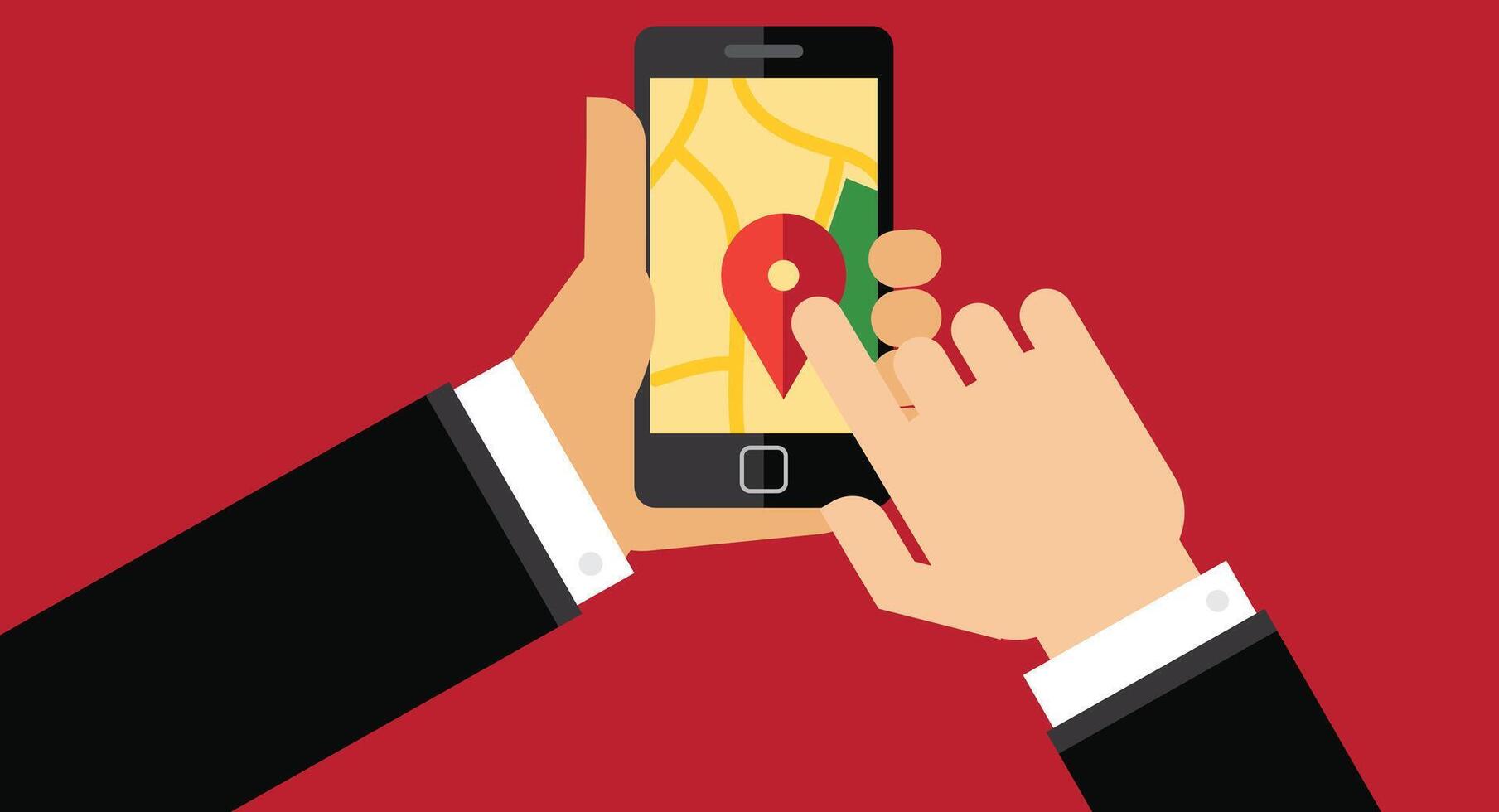 illustration of hands pointing at a map displayed on a smart device screen, symbolizing navigation, travel, and technology vector