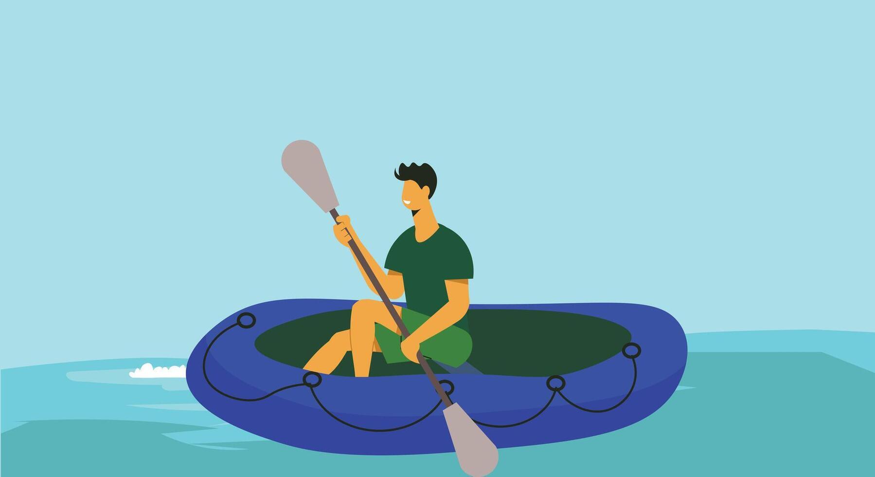 illustration of a sportsman in a raft on a river, holding a paddle, symbolizing adventure, water sports, and outdoor exploration in a dynamic and action-packed scene vector