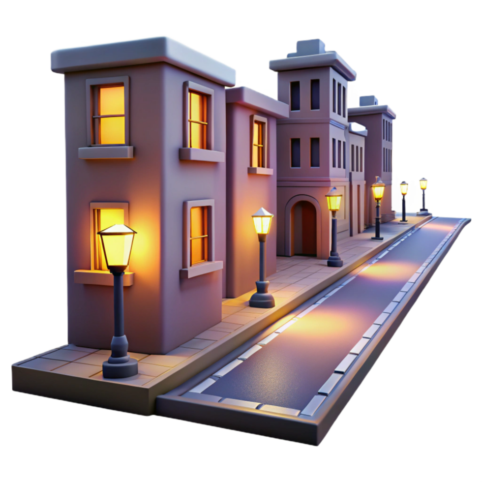extraordinary modern Crepuscular City Street with Glowing Windows Isolated authentic png