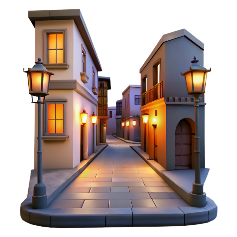 wonderful vintage Crepuscular City Street with Glowing Windows Isolated professional png
