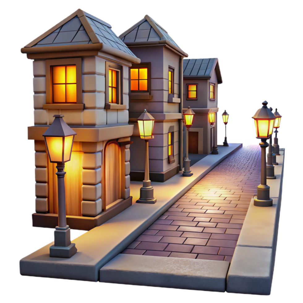 stunning artistic Crepuscular City Street with Glowing Windows Isolated exclusive png