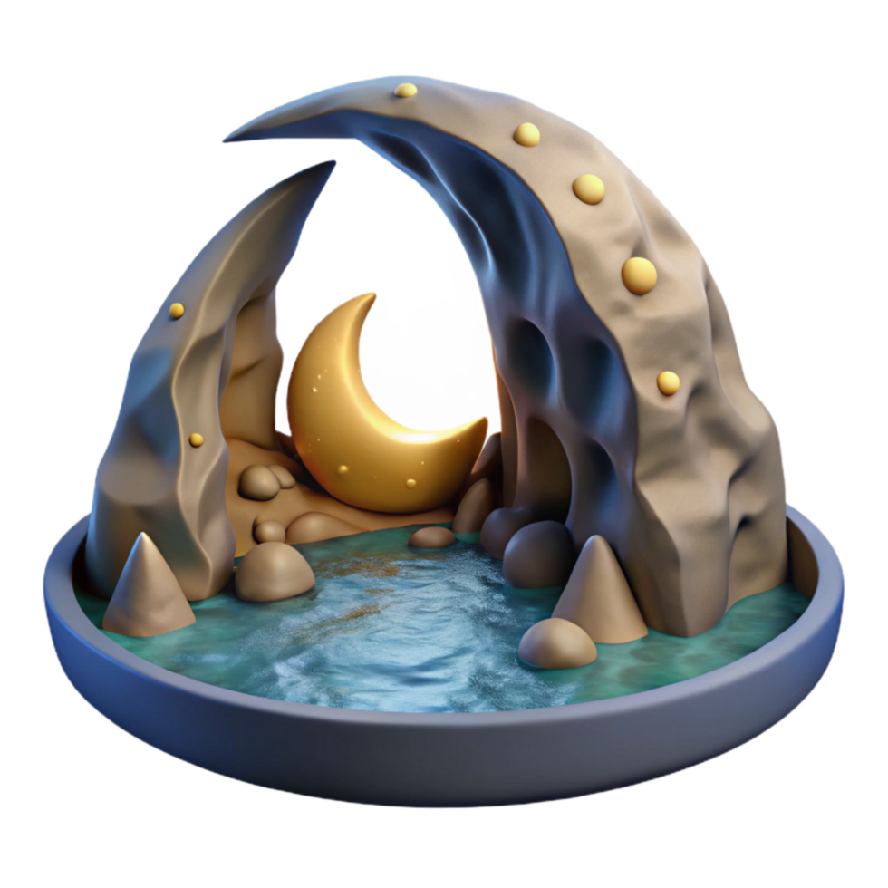 serene vintage Crescent Moonlit Cavern Cutout Ocean Scene genuine png
