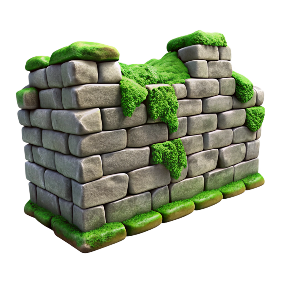 serene traditional Crumbling Stone Wall Section with Moss Detail Transparent Background png
