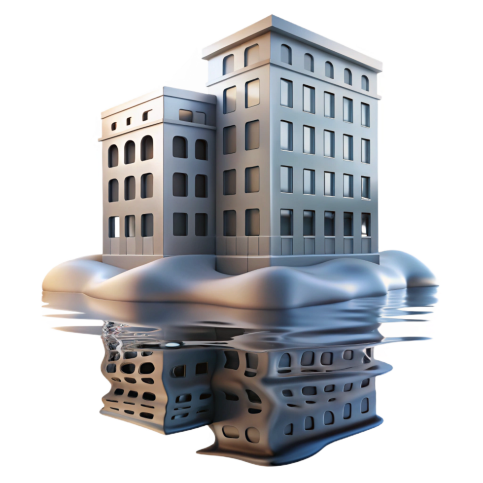 dramatic minimalist Distorted Building Silhouette Reflection in Water Transparent Background original png