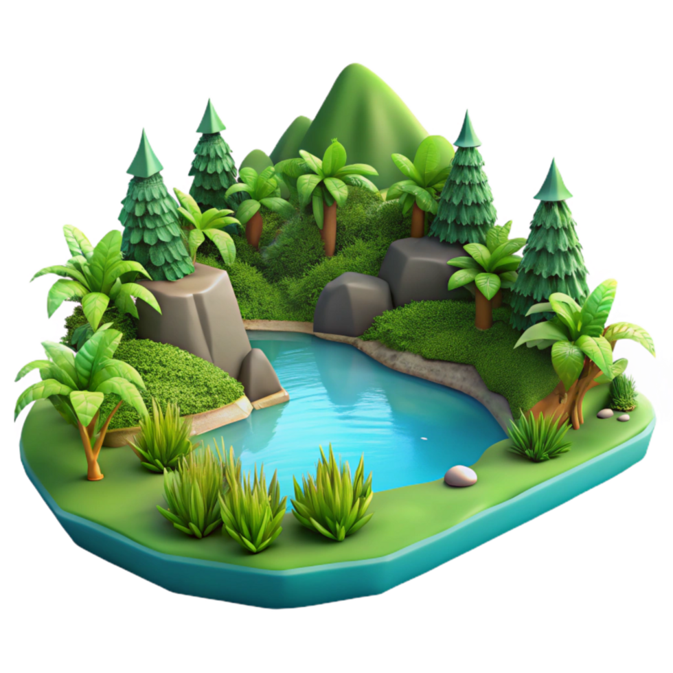 magnificent modern Summer Lake Landscape with Lush Greenery Isolated genuine png